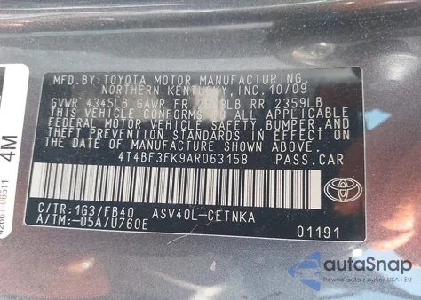 2010 Toyota Camry Le z USA, uszkodzony, nr VIN 4T4BF3EK9AR063158
